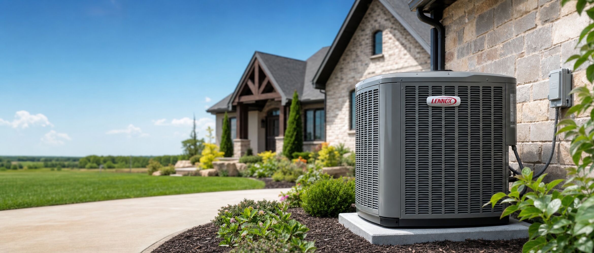 Outdoor air conditioning unit beside a home