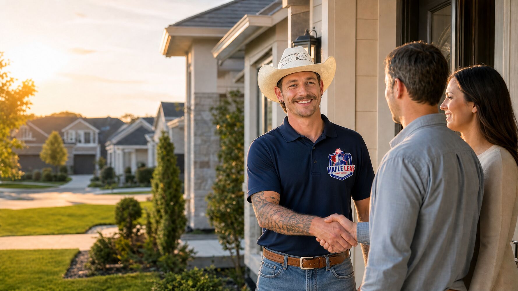 Maple Leaf technician greeting homeowners for a service visit