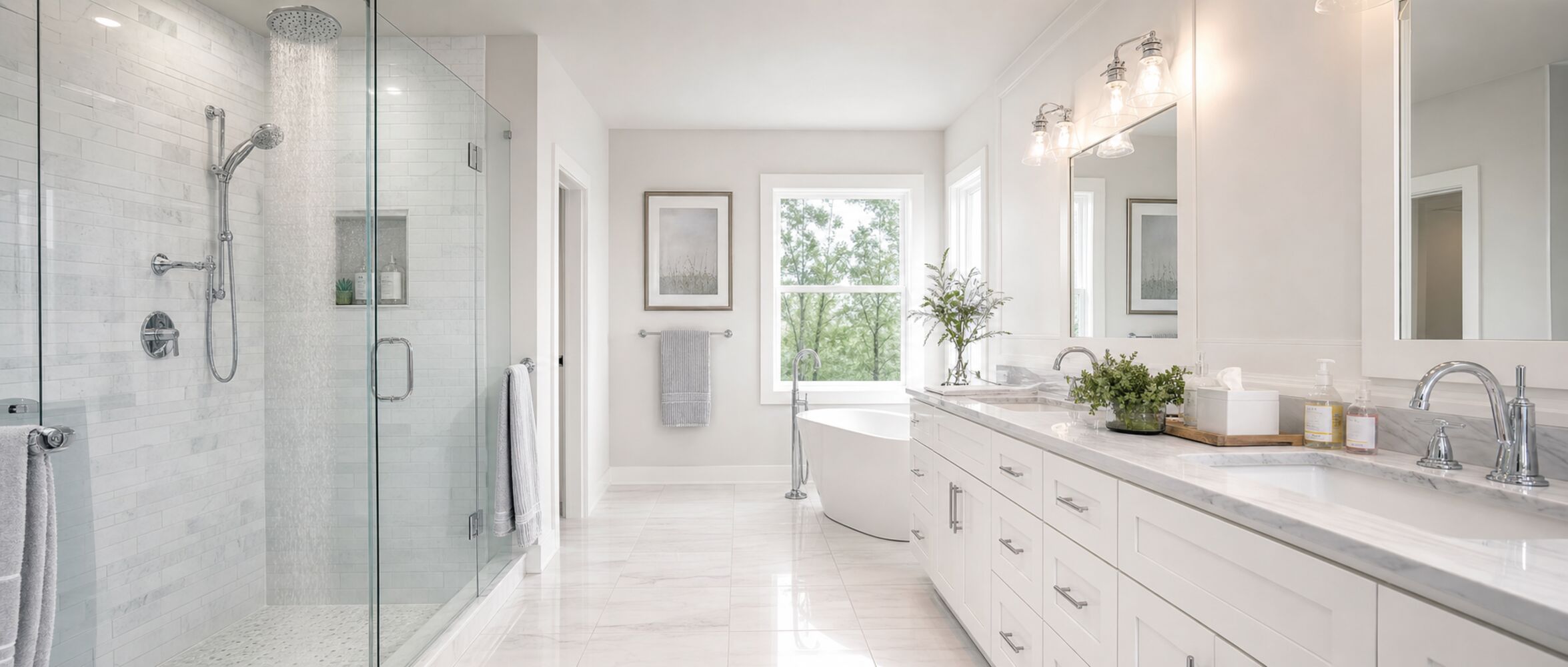 Bathroom with a shower, sinks, and plumbing fixtures