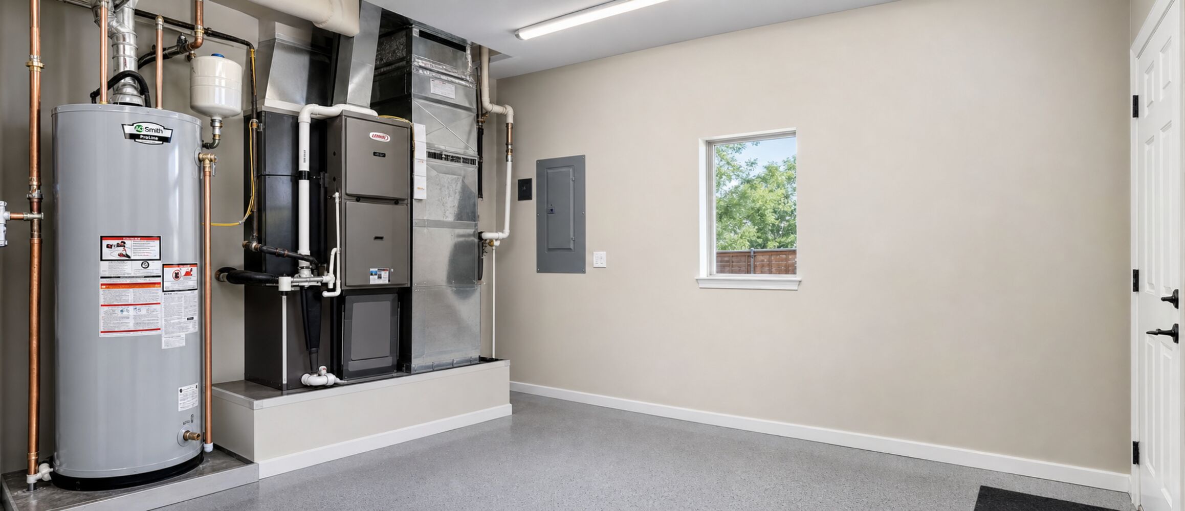 Residential water heater beside a furnace in a mechanical room