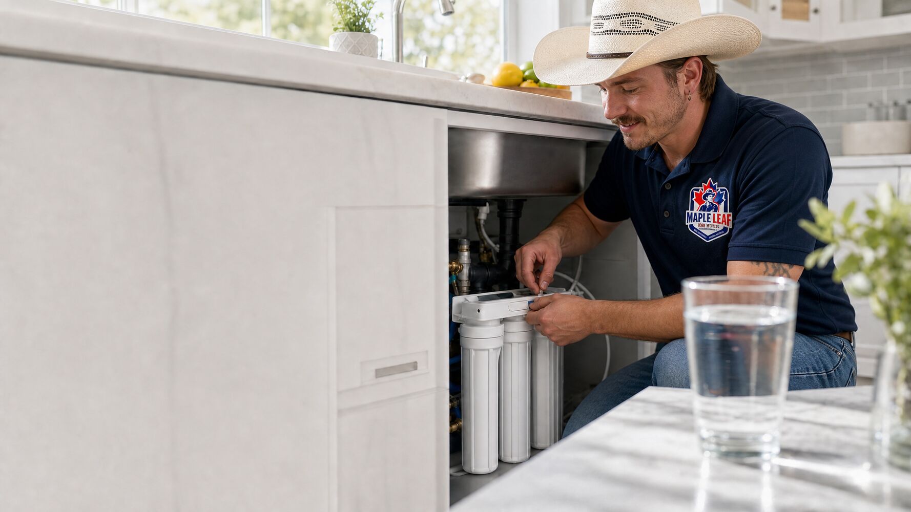 Maple Leaf technician servicing an under-sink water filtration system