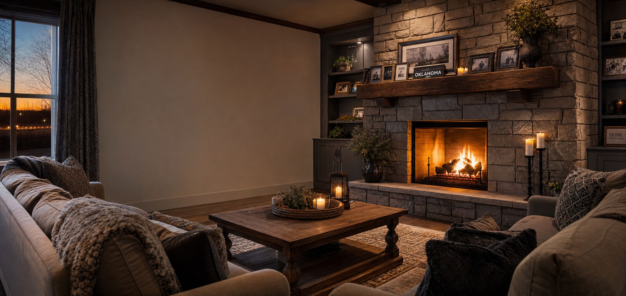 Warm Oklahoma living room with a lit fireplace